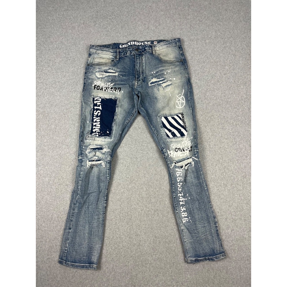 Grindhouse‎ Denim Jeans Mens 38x32 Blue Patchwork Paint Splatter Distressed
